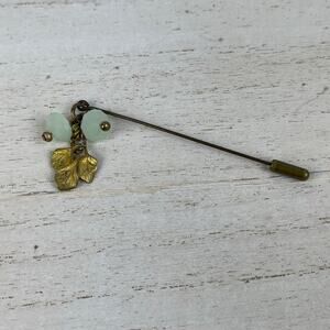 Brass Gold Tone Stick Pin Leaves Charm Mint Green Faceted Dangling Beads